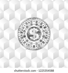 money icon inside grey emblem. Retro with geometric cube white background