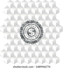 money icon inside grey emblem with cube white background