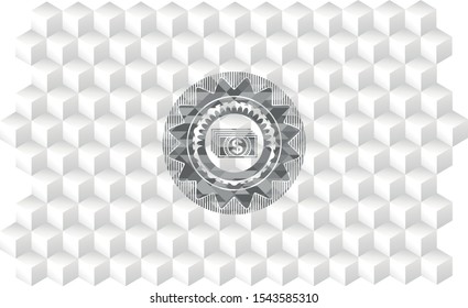 money icon inside grey icon or emblem with geometric cube white background