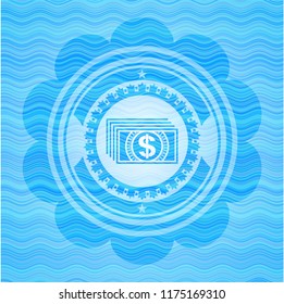 money icon inside light blue water emblem background.