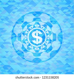 money icon inside light blue emblem with mosaic background
