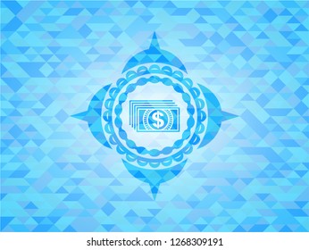 money icon inside light blue emblem with mosaic background