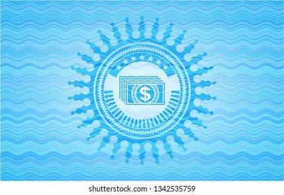 money icon inside light blue water style emblem.