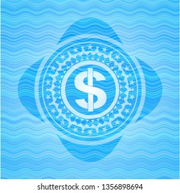money icon inside light blue water wave style badge.