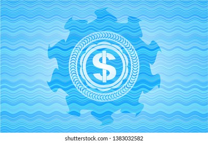 money icon inside light blue water wave style badge.