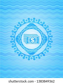 money icon inside light blue water style emblem.