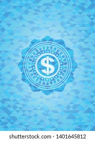 money icon inside light blue emblem with mosaic ecological style background