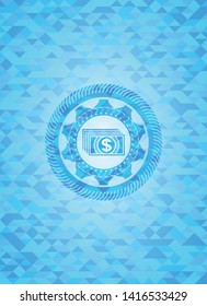 money icon inside light blue emblem. Mosaic background