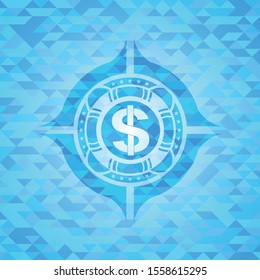 money icon inside light blue emblem. Mosaic background