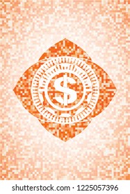 money icon inside orange mosaic emblem with background
