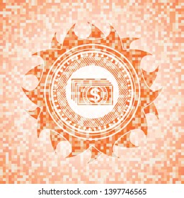 money icon inside orange tile background illustration. Square geometric mosaic seamless pattern with emblem inside.