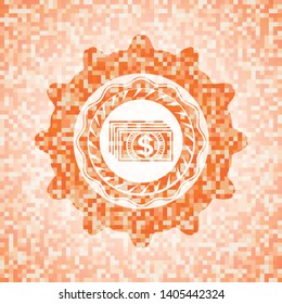 money icon inside orange tile background illustration. Square geometric mosaic seamless pattern with emblem inside.