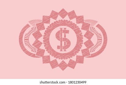 money icon inside Pink stroke emblem. Rose color handsome background. Intense illustration. 