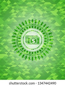 money icon inside realistic green emblem. Mosaic background