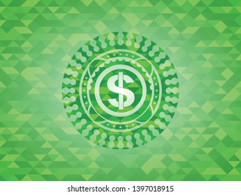 money icon inside realistic green mosaic emblem
