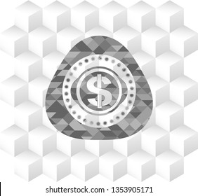 money icon inside realistic grey emblem with geometric cube white background