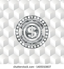 money icon inside realistic grey emblem with cube white background