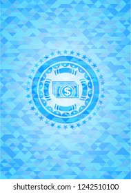 money icon inside realistic light blue emblem. Mosaic background