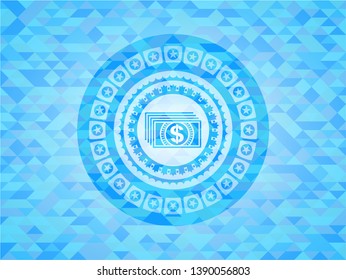 money icon inside realistic light blue mosaic emblem