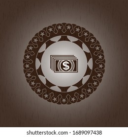 money icon inside realistic wooden emblem