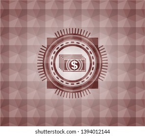 money icon inside red badge with geometric pattern. Seamless.