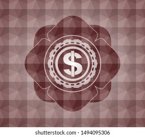 money icon inside red badge with geometric pattern. Seamless.