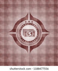 money icon inside red emblem with geometric pattern background. Seamless.