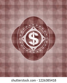 money icon inside red emblem with geometric background. Seamless.