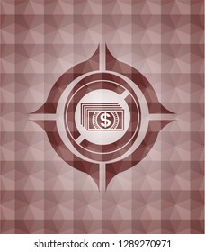 money icon inside red emblem or badge with abstract geometric pattern background. Seamless.