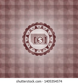 money icon inside red emblem or badge with abstract geometric pattern background. Seamless.