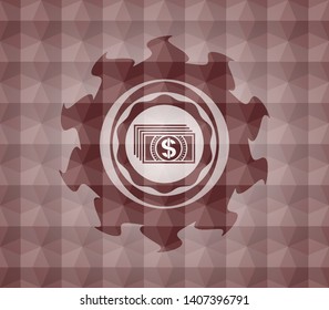 money icon inside red emblem or badge with abstract geometric polygonal pattern background. Seamless.