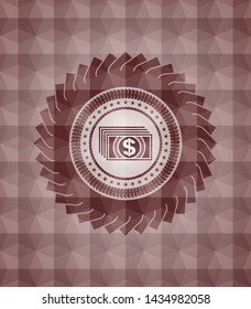 money icon inside red emblem with geometric pattern background. Seamless.
