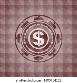 money icon inside red emblem or badge with geometric pattern background. Seamless.