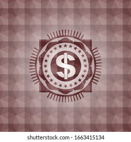 money icon inside red emblem with geometric pattern background. Seamless.