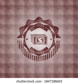 money icon inside red emblem or badge with abstract geometric pattern background. Seamless. 