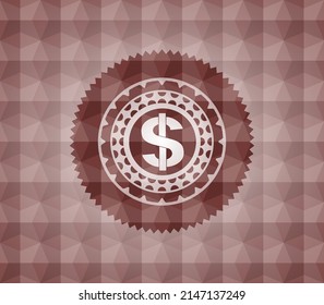 money icon inside red emblem with geometric pattern background. Seamless. 