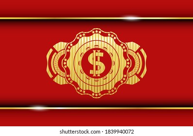 money icon inside Red and Gold badge. Traditional exquisite background. Intense illustration. 
