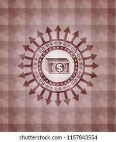 money icon inside red seamless emblem or badge with abstract geometric pattern background.