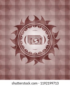 money icon inside red seamless emblem with geometric pattern.