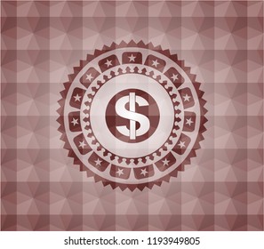 money icon inside red seamless emblem or badge with abstract geometric pattern background.