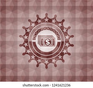 money icon inside red seamless emblem or badge with abstract geometric polygonal pattern background.