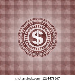 money icon inside red seamless emblem with geometric background.