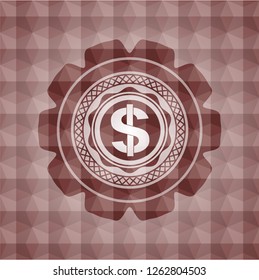 money icon inside red seamless geometric emblem.