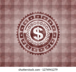 money icon inside red seamless badge with geometric background.