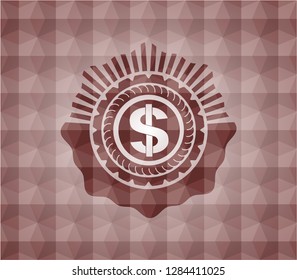 money icon inside red seamless emblem with geometric pattern background.