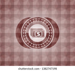money icon inside red seamless emblem with geometric pattern background.