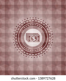 money icon inside red seamless emblem with geometric background.