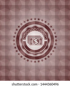 money icon inside red seamless emblem with geometric background.