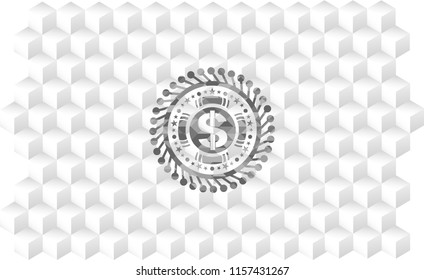 money icon inside retro style grey emblem with geometric cube white background
