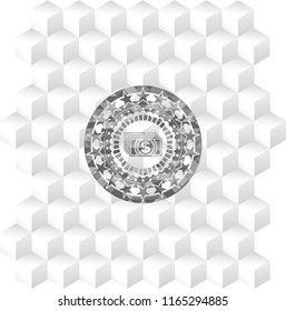 money icon inside retro style grey emblem with geometric cube white background